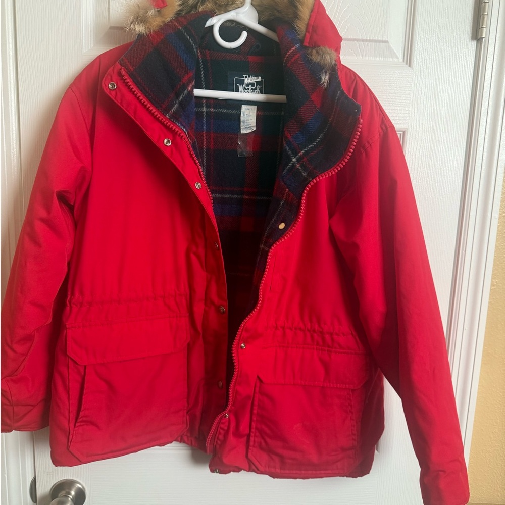 Vintage Woolrich Women Large Red Hooded Jacket with Fur Trim Made in the USA.